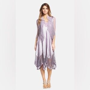 Rare! Komarov Beaded V-Neck Charmeuse Waterfall Dress with Jacket Violet Ice